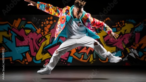 Dynamic Male Dancer Showcasing Moves on Vibrant Graffiti Gray Background