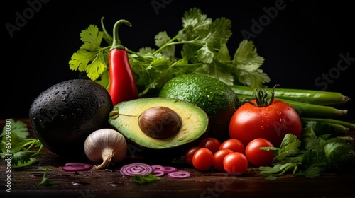 Tempting Culinary Photography Showcasing Fresh Avocado  Lime  Tomato  Onion  and Cilantro