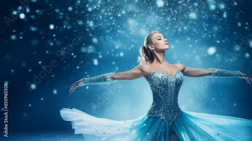 Graceful Female Figure Skater in Sparkling Attire on Blue Background photo