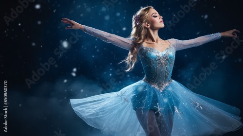 Graceful Female Skater in Sparkling Costume on Blue Background photo