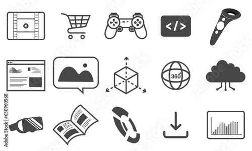 Vector VR Linear Icon Set in Flat Design. Exploring on futuristic interface 3D World. Game console elements. Modern Technology Concept for Serving Leisure Activity. Isolated on White Background.
