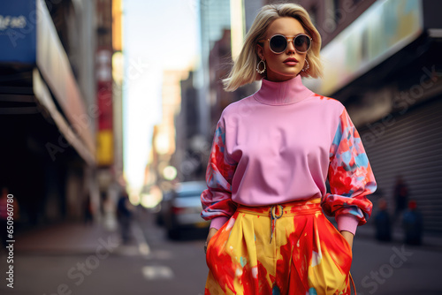 A fashion influencer in bright clothes on the street