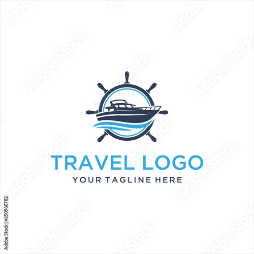 simple illustration of boat and wrench, logo template for boat mechanic or auto marine garage.