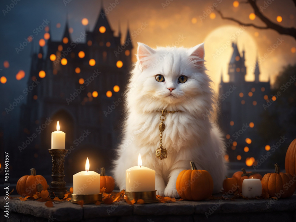 White cat with candles and pumpkins in front of spooky Halloween background. AI-Generated White cat with candles and pumpkins in front of spooky Halloween background. AI-Generated