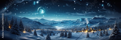 panorama landscape with a winter forest, mountains and a village with wooden houses on frosty Christmas night