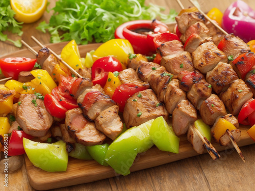 Grilled meat on skewers with vegetables, close-up, horizontal. AI-Generated