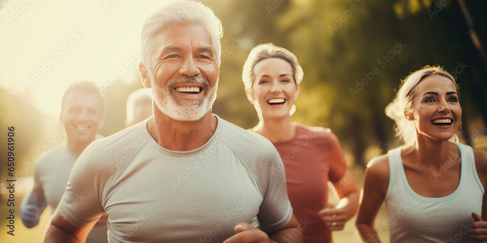 A small group of friends of different genders and ages during a running workout in the park. Joint training to motivate youth and maintain health in middle age. A small group of friends of different genders and ages during a running workout in the park. Joint training to motivate youth and maintain health in middle age.