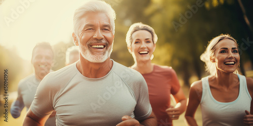 A small group of friends of different genders and ages during a running workout in the park. Joint training to motivate youth and maintain health in middle age.