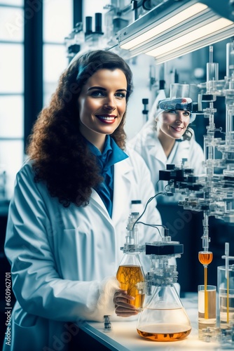 happy female scientist in laboratory having scientific breakthrough. in art-nouveau style. 18mm portrait, sharpen focus, serious, Detailed line art.