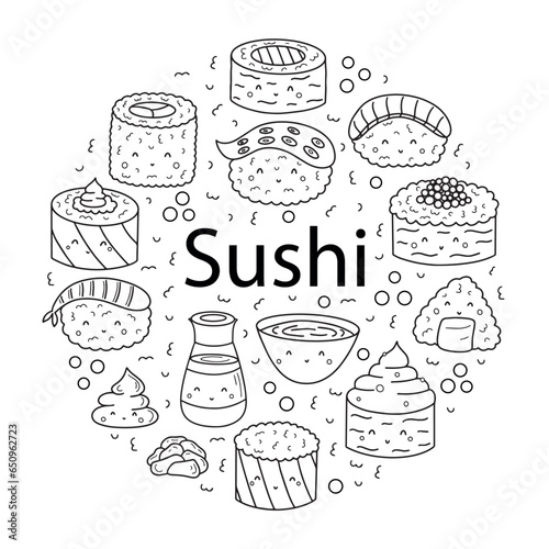 Sushi and rolls doodle set. Japanese food in sketch style. Hand drawn vector illustration isolated on white background