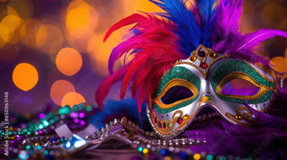 Carnival mask with colored feathers on a blurred background