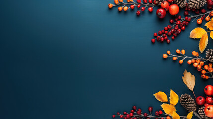 Frame of colorful red and yellow autumn leaves with cones and rowan berries on trendy blue background. First day of school, back to school, fall concept
