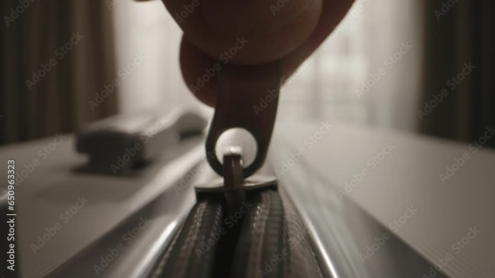 Close up, zipper, fingers zipping suitcase. Fastening luggage, final step in preparing for trip to travel, hands fastening zipper on luggage bag. Tourist zip close up, getting ready for road trip