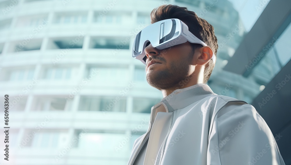 Young man in white suit and vr glasses on the building background Young man in white suit and vr glasses on the building background
