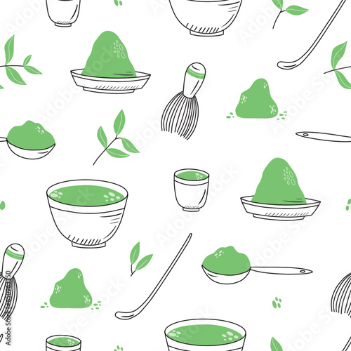 Seamless pattern with matcha. Vector illustration. Pattern with tea, tea leaves. Doodle style.