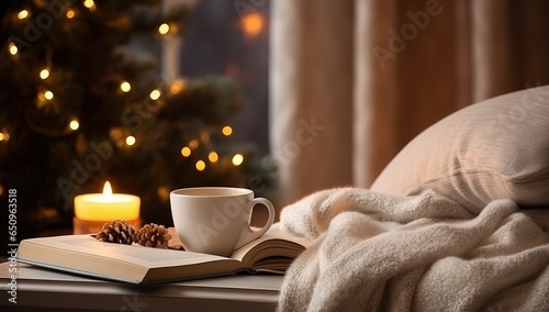 Cup of hot drink with book on table in room decorated for Christmas