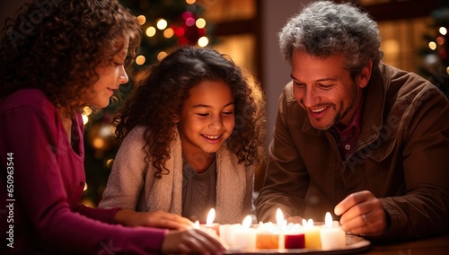 happy family with lit candles at christmas tree in living room at home