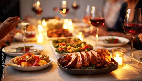 Close-up of festive dinner table with roasted turkey, vegetables and wine