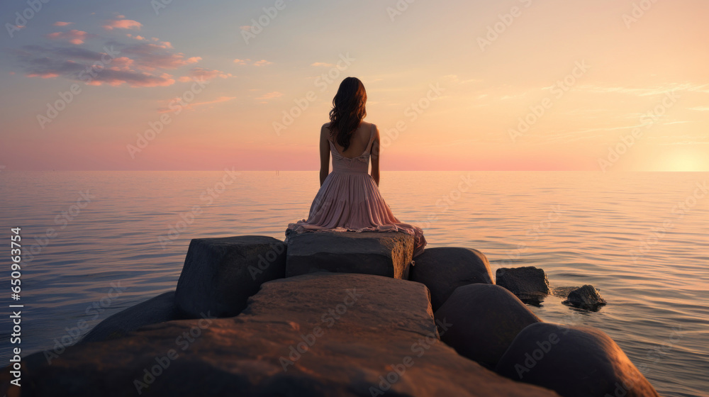Woman sitting on a breakwater and looking at the horizon - obrazy, fototapety, plakaty 
