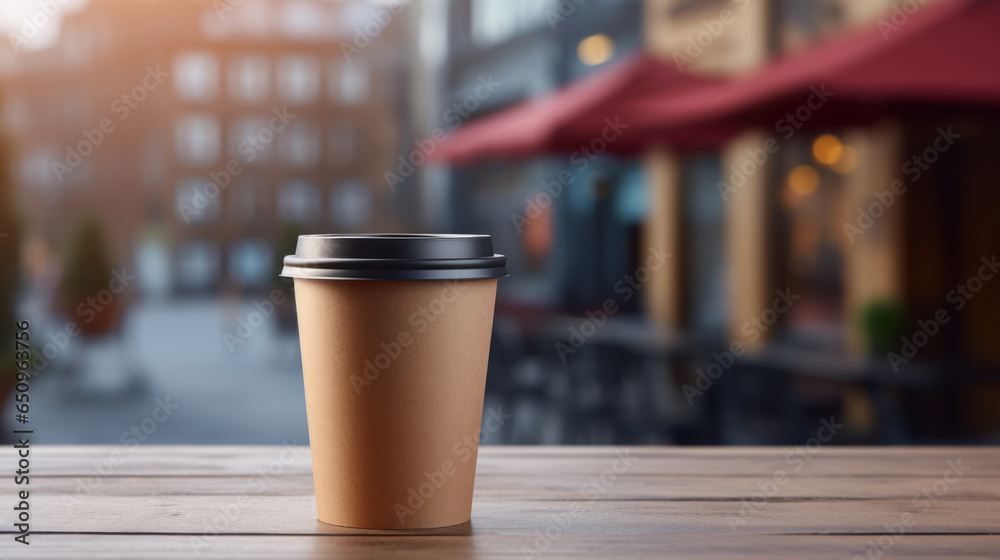 Beige paper cup with space for text or logo stands on the table of a sidewalk cafe Beige paper cup with space for text or logo stands on the table of a sidewalk cafe