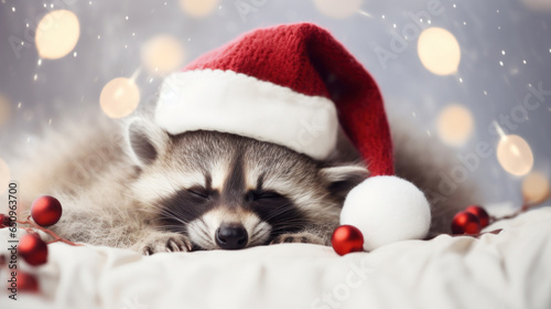 Сute raccoon in santa hat sleeping on white sheet, Christmas blurred background