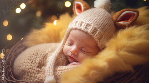 Cute baby in deer hat sleeping on white sheet, Christmas blurred background