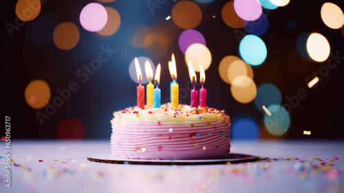 Colorful birthday cake with candles on bokeh background