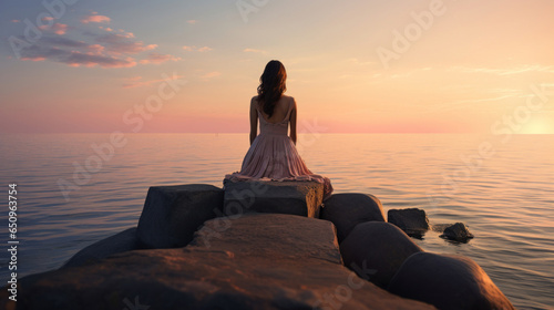 Woman sitting on a breakwater and looking at the horizon © tashechka