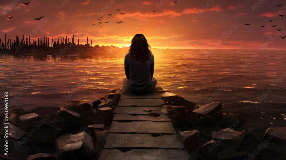 Woman sitting on a breakwater and looking at the horizon - obrazy, fototapety, plakaty 