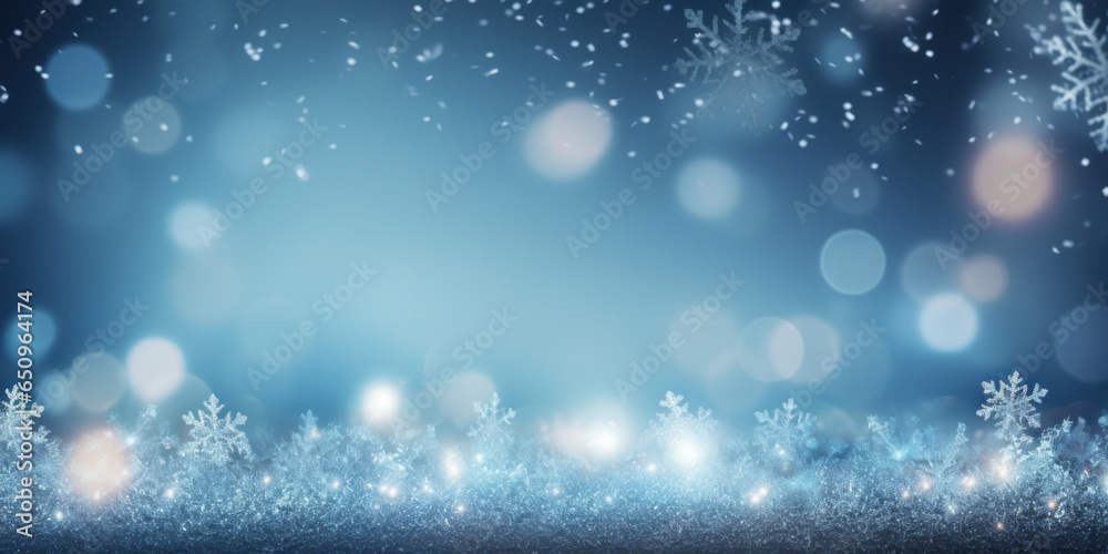 Fototapeta premium Blue winter background with snowflakes and bokeh