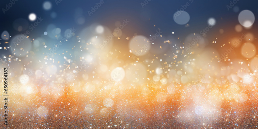 Fototapeta premium Blue and golden winter background with snowflakes and bokeh