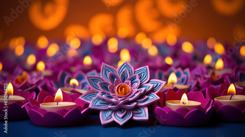 Colorful clay diya lamps with candles adorned with flowers on a purple background photo