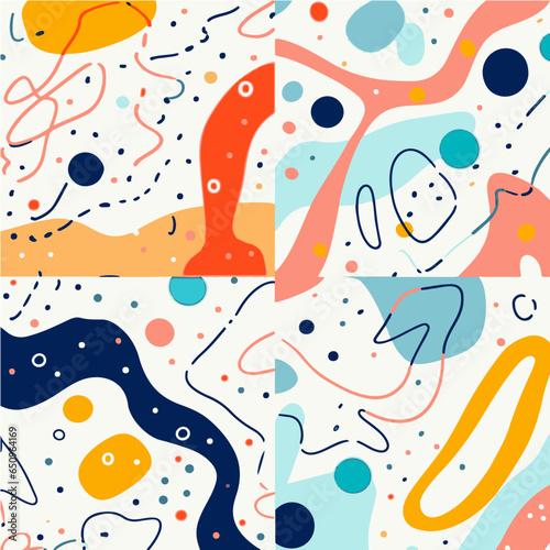 Abstract lines seamless patterns, vector modern trendy backgrounds set. Organic patterns with color memphis dots and irregular doodle lines, squiggle texture creative design photo