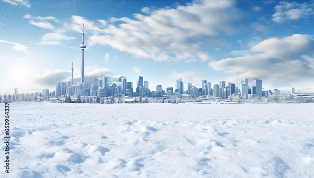 city skyline in winter with snow and blue sky.