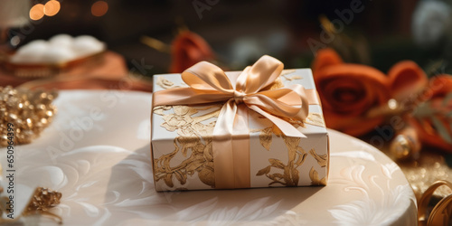 Beautiful holiday white gift box tied with golden ribbon and decorated with a bow