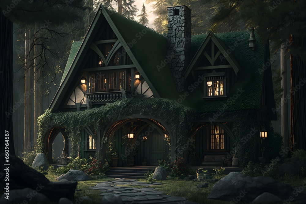 gorgeous cottage in deep forest green very sharp insanely detailed high resolution 8k hd sharp focused 