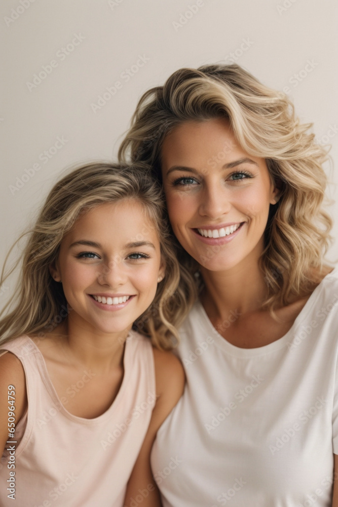 Young woman and a girl wearing a beautiful white canvas shirt mockup in matching outfit of pastel colors, with white background. Design t-shirt template, print presentation mockup Young woman and a girl wearing a beautiful white canvas shirt mockup in matching outfit of pastel colors, with white background. Design t-shirt template, print presentation mockup