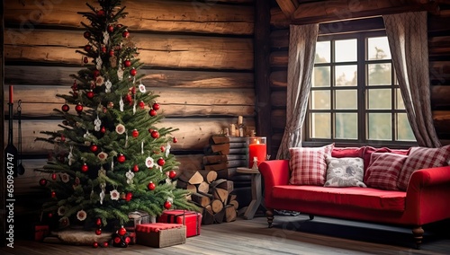 Christmas tree and red sofa in the interior of a wooden house. © Meow Creations
