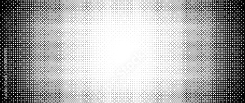 Pixelated radial gradient texture. Black and white bitmap dither central pattern background. Abstract fade glitchy pattern. Video game screen wallpaper. Retro pixel art. Vector halftone wide border