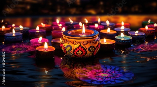 Oil lamps lit on colorful rangoli during diwali celebration Colorful clay diya lamps with flowers