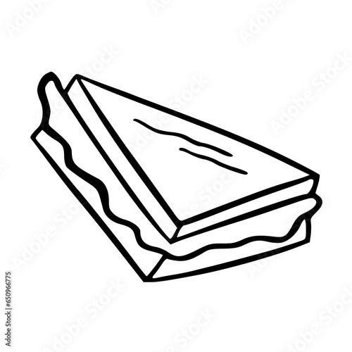 Black and white line drawing of a triangular sandwich with filling visible between the bread slices.