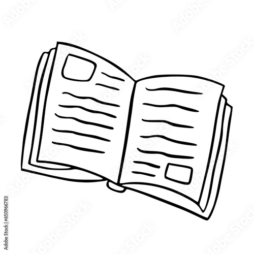 Open book illustration with blank pages, featuring a simple black and white line drawing style.