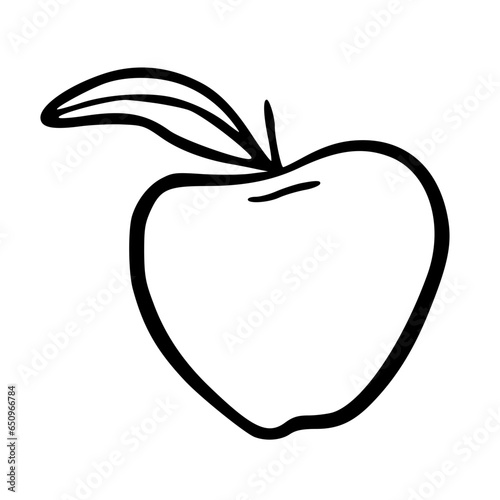 A simple line drawing of an apple with a leaf, outlined in black, isolated on a white background.