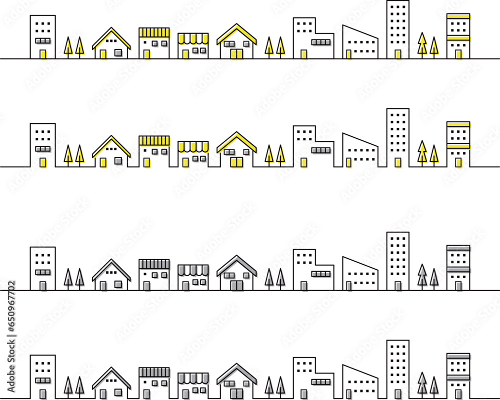 シンプルな街並みの線画セット　黄色×グレー