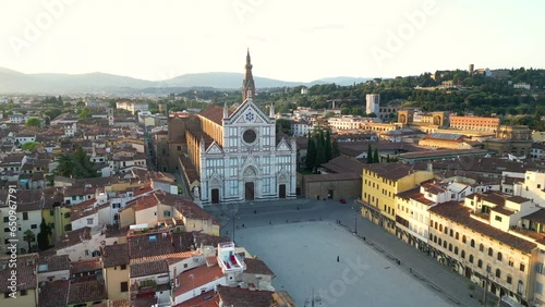 Establishing Aerial View Shot of Florence city skyline Basilica of Santa Croce in Florence and Piazza di Santa Croce, Tuscany, Italy