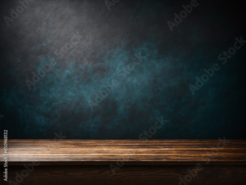 Empty wooden table and grunge wall background, product display montage. AI-Generated