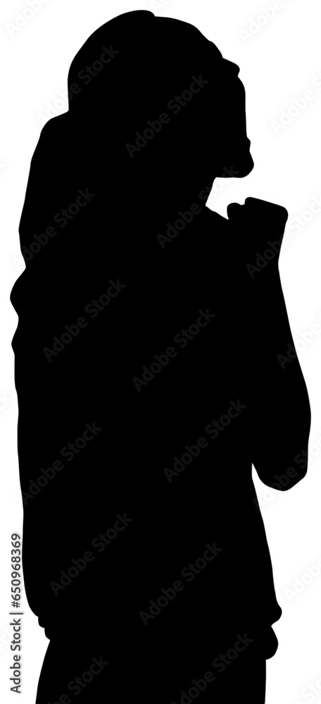 Digital png silhouette of woman raising fist and screaming on transparent background