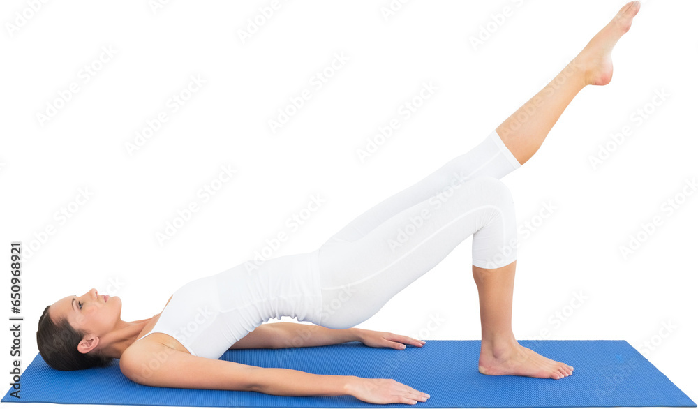 Digital png photo of caucasian woman exercising on mat on transparent background Digital png photo of caucasian woman exercising on mat on transparent background