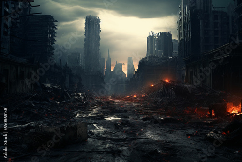the destroyed city is burning Doomsday. End of the world. Burning fire  explosions 