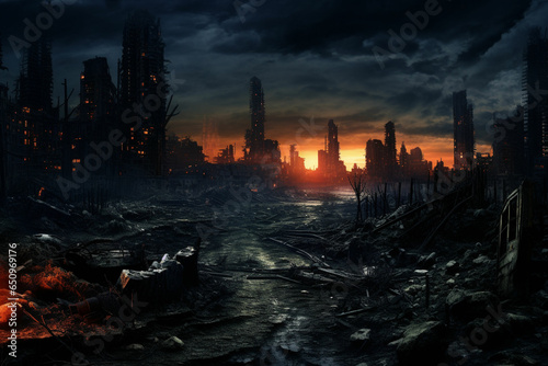 the destroyed city is burning Doomsday. End of the world. Burning fire, explosions,